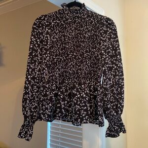 Floral Mock Neck Black And White Long Sleeve Blouse